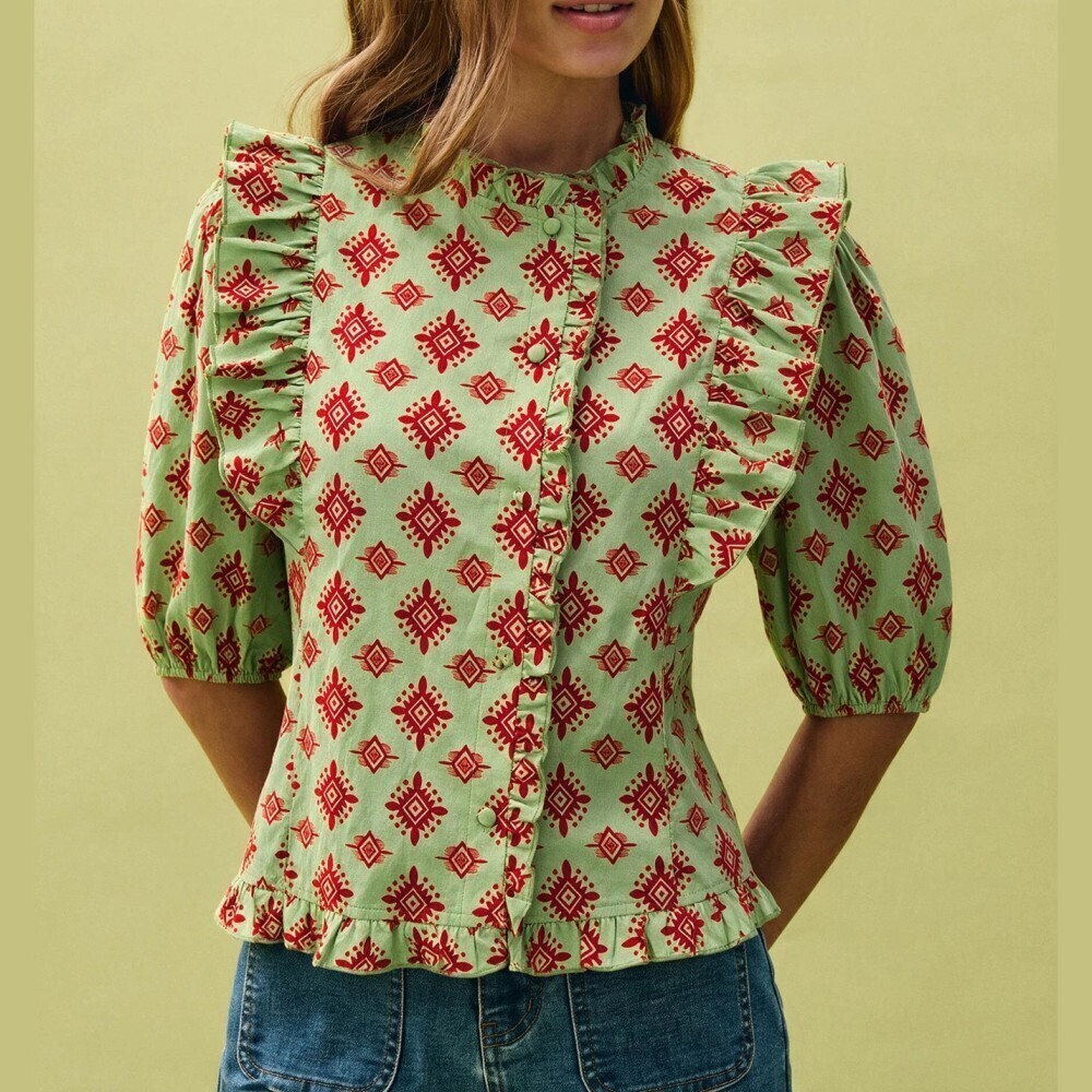 Green / Red Geometric Print Ruffle Trim Puff Sleeve Button Front Blouse